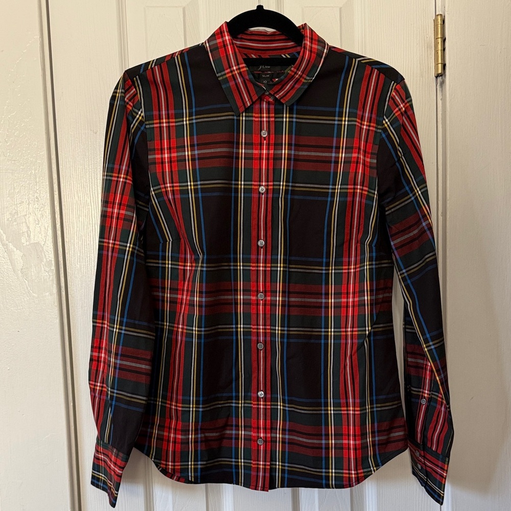 New J. Crew Slim Stretch Perfect Shirt Black Stewart Tartan Multicolor Plaid 10